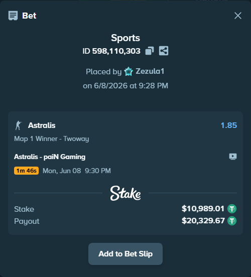 Bet slip: Astralis - paiN Gaming, $11,000.00 stake at 1.85 odds, placed by Zezula1