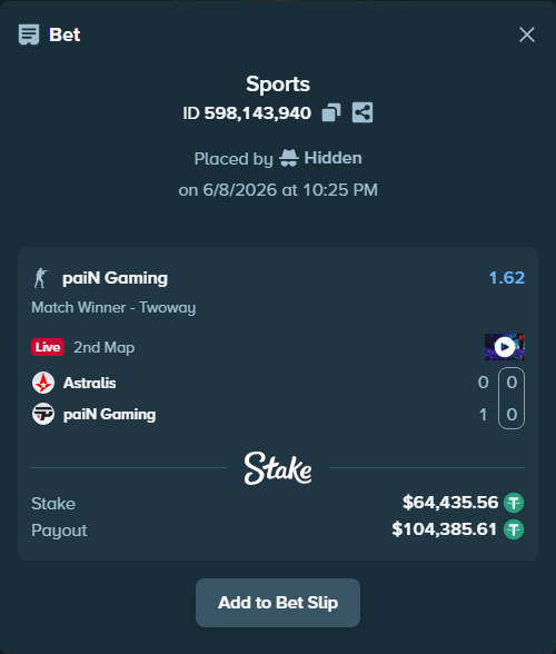 Bet slip: Astralis - paiN Gaming, $64,500.00 stake at 1.62 odds, placed by Hidden