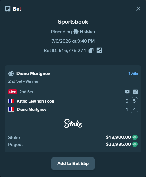 Bet slip: Astrid Lew Yan Foon - Diana Martynov, $13,913.90 stake at 1.65 odds, placed by Hidden