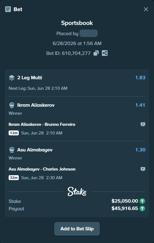 Bet slip: Asu Almabayev - Charles Johnson, $25,075.05 stake at 1.30 odds, placed by Rosspicks