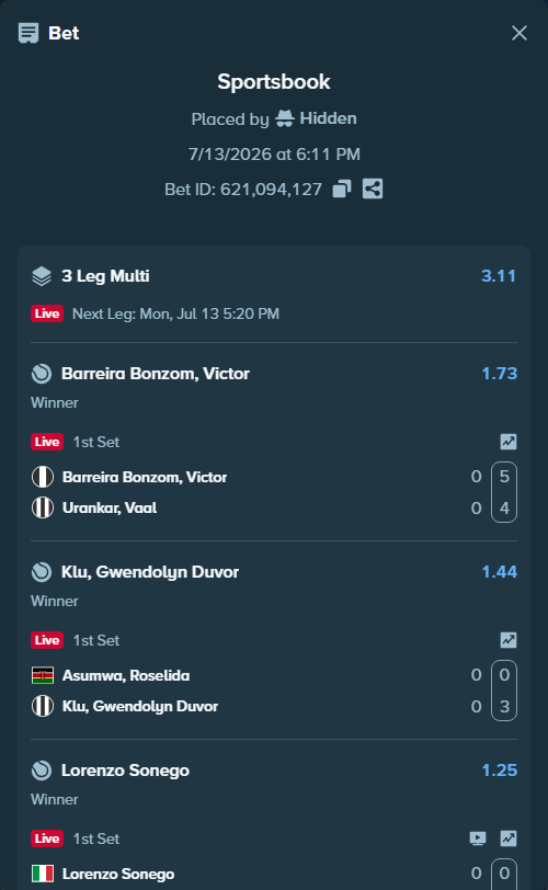 Bet slip: Asumwa, Roselida - Klu, Gwendolyn Duvor, $22,000.00 stake at 1.44 odds, placed by Hidden