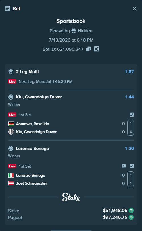 Bet slip: Asumwa, Roselida - Klu, Gwendolyn Duvor, $52,000.00 stake at 1.44 odds, placed by Hidden