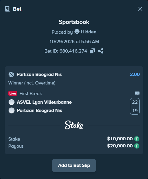 Bet slip: ASVEL Lyon-Villeurbanne - KK Partizan Belgrade, $10,010.00 stake at 2.00 odds, placed by Othmane2kiks