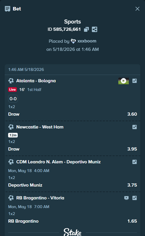 Bet slip: Atalanta - Bologna, $25,540.03 stake at 3.60 odds, placed by xxxboom