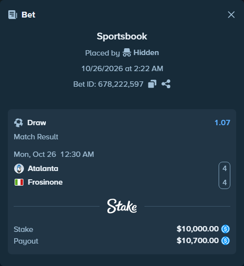 Bet slip: Atalanta - Frosinone, $10,000.00 stake at 1.07 odds, placed by martinesor