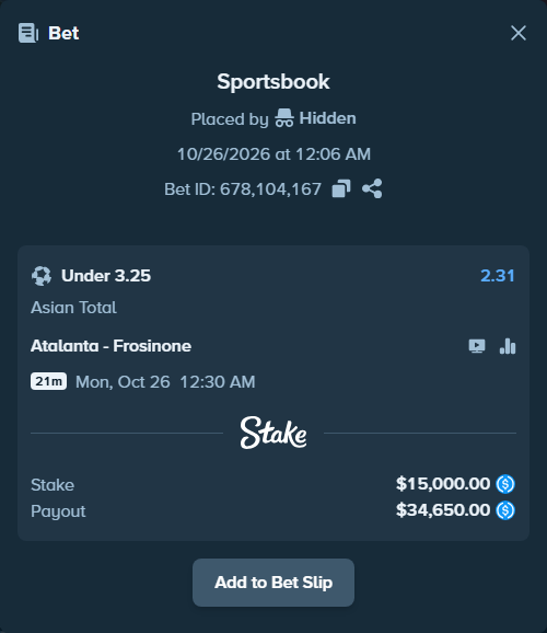 Bet slip: Atalanta - Frosinone, $15,000.00 stake at 2.31 odds, placed by pixlven