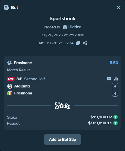 Bet slip: Atalanta - Frosinone, $20,000.00 stake at 5.50 odds, placed by TheEarlinGrey