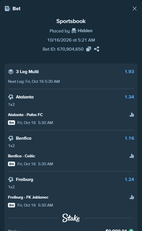 Bet slip: Atalanta - Pafos FC, $10,000.00 stake at 1.34 odds, placed by Hidden