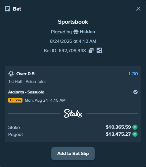Bet slip: Atalanta - Sassuolo, $10,364.55 stake at 1.30 odds, placed by Hidden