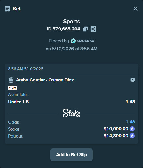 Bet slip: Ateba Gautier - Osman Diaz, $7,450.34 stake at 1.48 odds, placed by azosuka