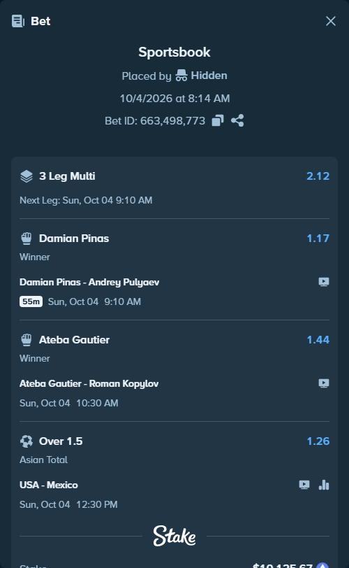 Bet slip: Ateba Gautier - Roman Kopylov, $10,155.41 stake at 1.44 odds, placed by Hidden
