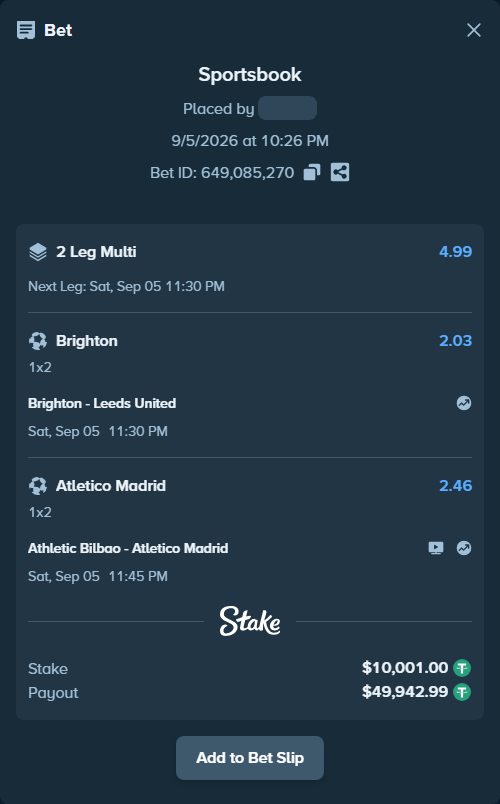 Bet slip: Athletic Bilbao - Atletico Madrid, $10,000.00 stake at 2.46 odds, placed by ashaark