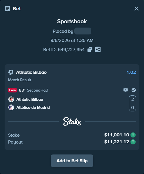 Bet slip: Athletic Bilbao - Atletico Madrid, $11,000.00 stake at 1.02 odds, placed by Amirmhd99