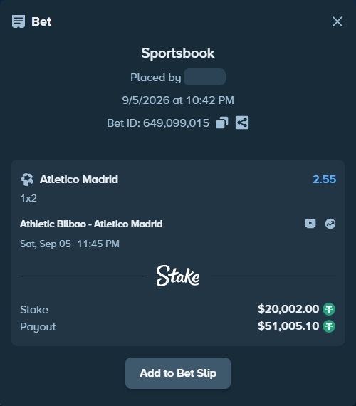 Bet slip: Athletic Bilbao - Atletico Madrid, $20,000.00 stake at 2.55 odds, placed by ashaark