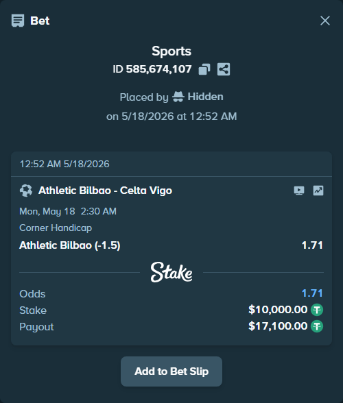 Bet slip: Athletic Bilbao - Celta Vigo, $10,000.00 stake at 1.71 odds, placed by Hidden