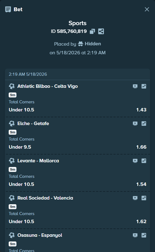 Bet slip: Athletic Bilbao - Celta Vigo, $29,406.42 stake at 1.43 odds, placed by Hidden