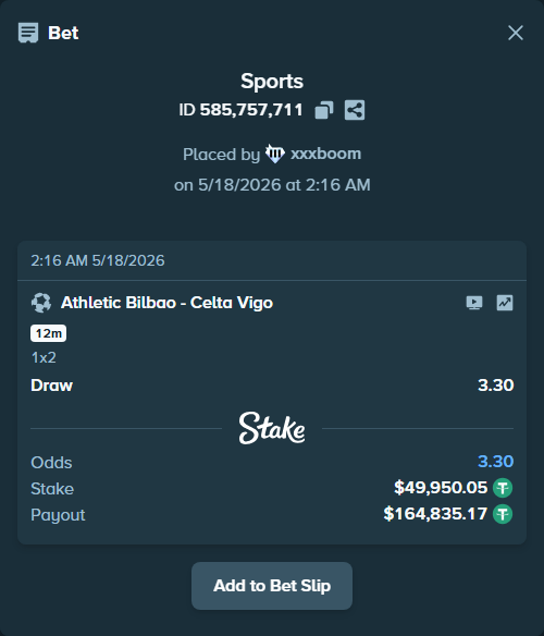 Bet slip: Athletic Bilbao - Celta Vigo, $50,000.00 stake at 3.30 odds, placed by xxxboom