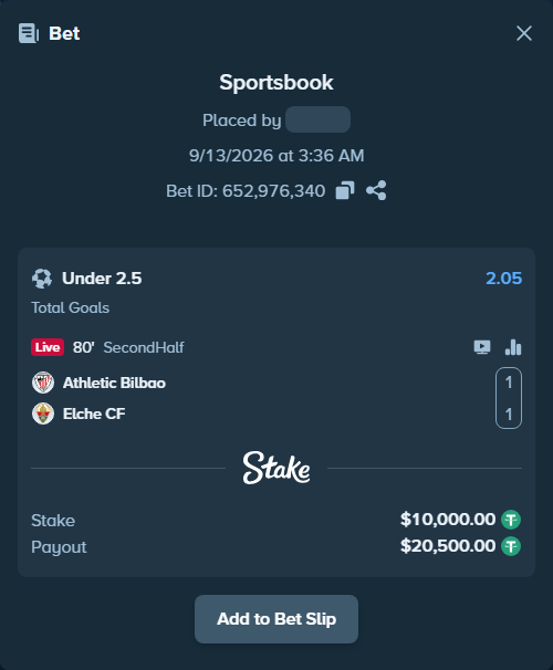 Bet slip: Athletic Bilbao - Elche, $10,000.00 stake at 2.05 odds, placed by soloy