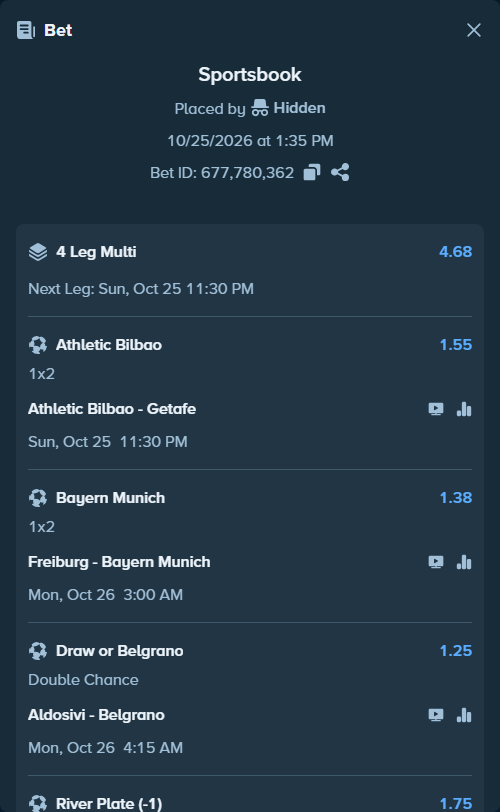 Bet slip: Athletic Bilbao - Getafe, $10,000.00 stake at 1.55 odds, placed by Agus1033