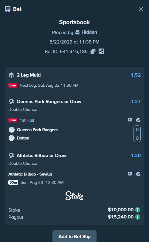 Bet slip: Athletic Bilbao - Sevilla, $10,000.00 stake at 1.20 odds, placed by Hidden