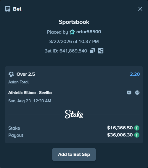 Bet slip: Athletic Bilbao - Sevilla, $16,366.50 stake at 2.20 odds, placed by artur58500