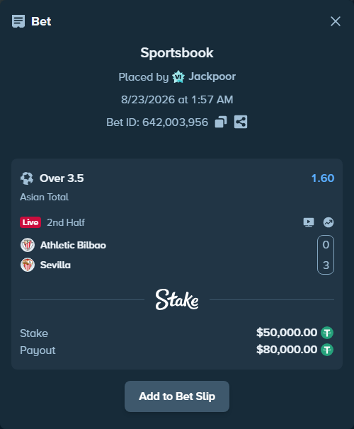 Bet slip: Athletic Bilbao - Sevilla, $50,000.00 stake at 1.60 odds, placed by Jackpoor