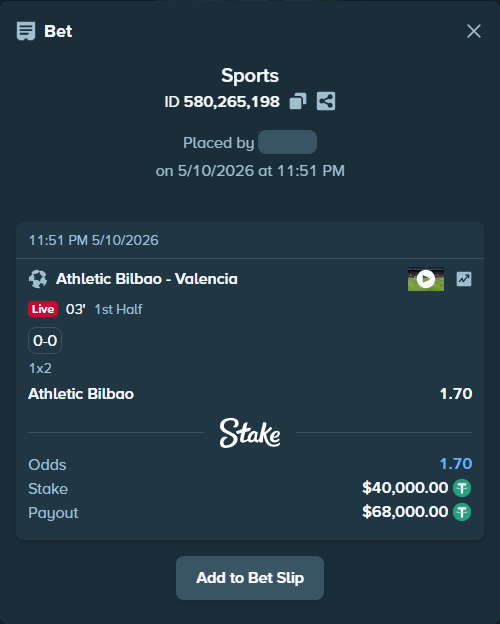 Bet slip: Athletic Bilbao - Valencia, $40,000.00 stake at 1.70 odds, placed by Enrique2777
