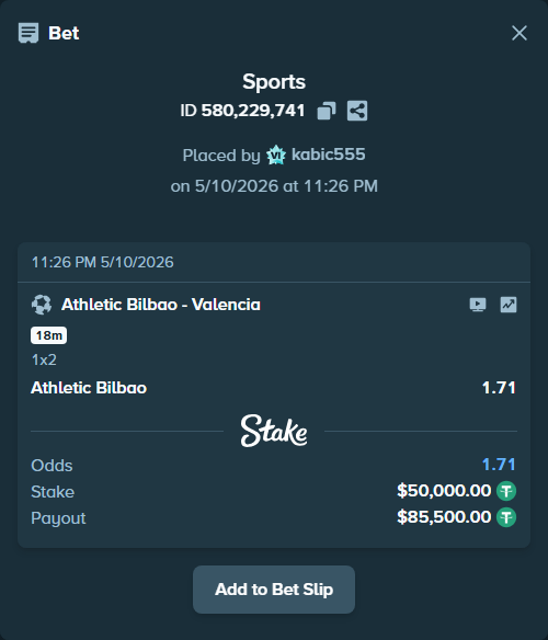 Bet slip: Athletic Bilbao - Valencia, $50,000.00 stake at 1.71 odds, placed by kabic555