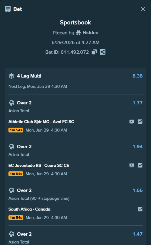 Bet slip: Athletic Club Sjdr MG - Avai FC SC, $50,000.00 stake at 1.77 odds, placed by Hidden