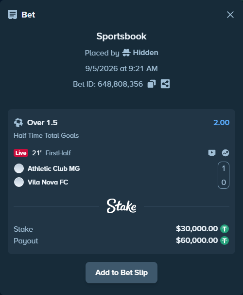 Bet slip: Athletic Club Sjdr MG - Vila Nova FC GO, $29,991.00 stake at 2.00 odds, placed by Hidden