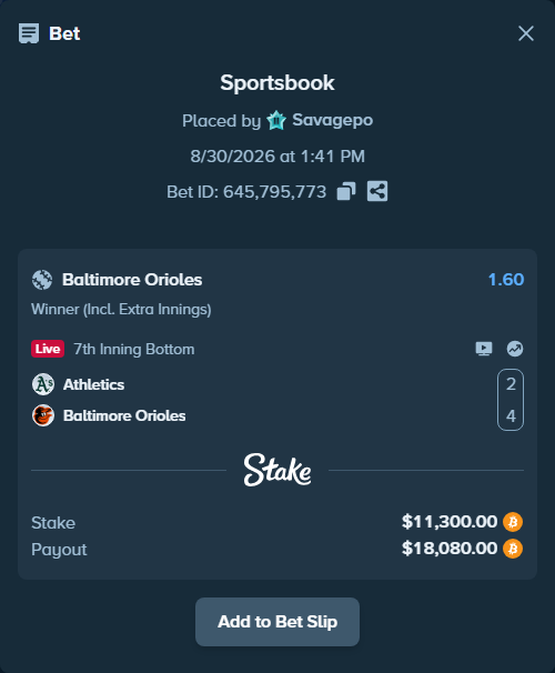 Bet slip: Athletics - Baltimore Orioles, $11,302.75 stake at 1.60 odds, placed by Savagepo