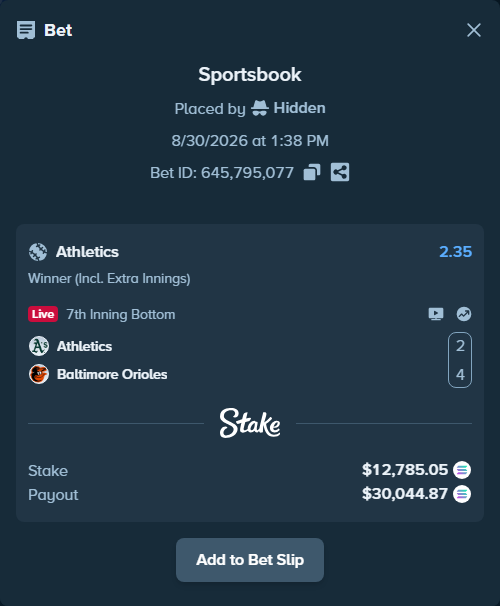 Bet slip: Athletics - Baltimore Orioles, $12,786.02 stake at 2.35 odds, placed by Hidden