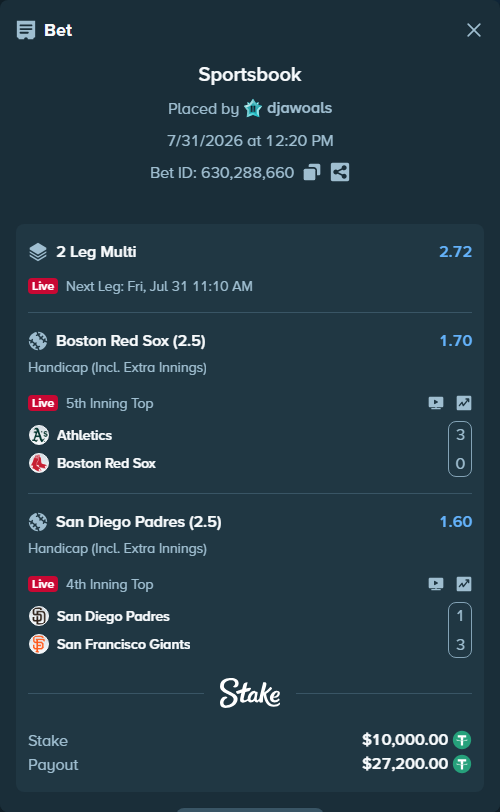 Bet slip: Athletics - Boston Red Sox, $10,010.00 stake at 1.70 odds, placed by djawoals