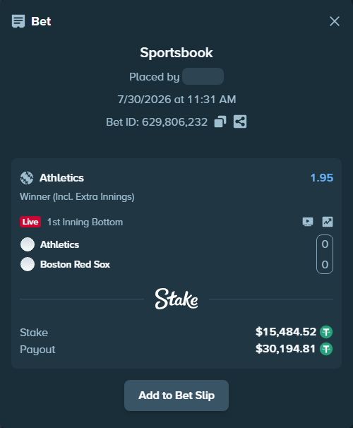 Bet slip: Athletics - Boston Red Sox, $15,500.00 stake at 1.95 odds, placed by VadimKotlyar