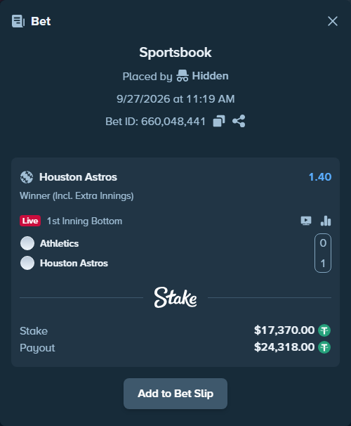 Bet slip: Athletics - Houston Astros, $17,370.00 stake at 1.40 odds, placed by nandonzr