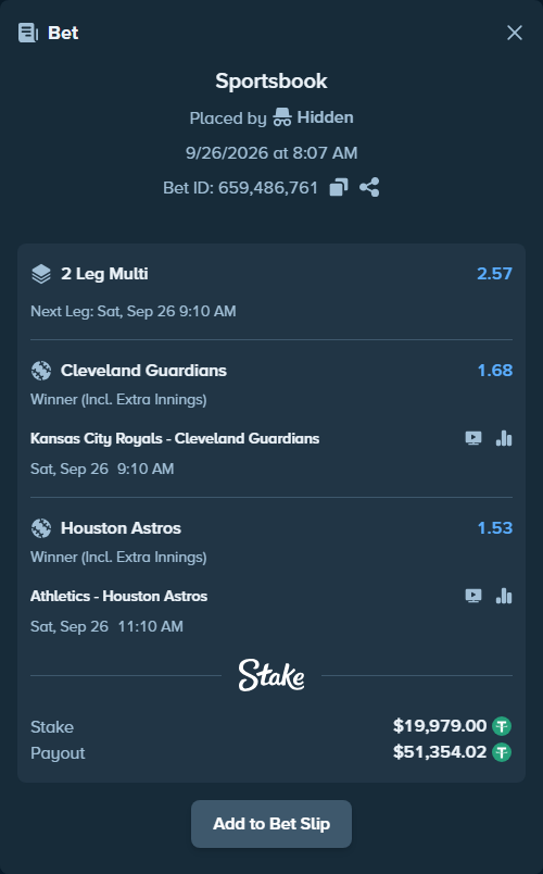 Bet slip: Athletics - Houston Astros, $19,979.00 stake at 1.53 odds, placed by Hidden