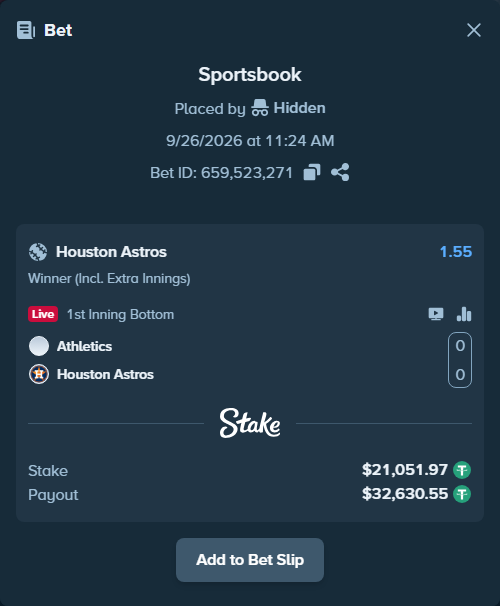 Bet slip: Athletics - Houston Astros, $21,051.97 stake at 1.55 odds, placed by nandonzr