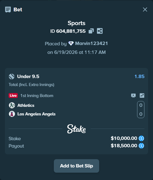 Bet slip: Athletics - Los Angeles Angels, $10,000.00 stake at 1.85 odds, placed by Marvin123421