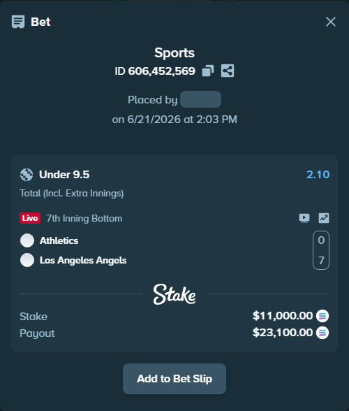Bet slip: Athletics - Los Angeles Angels, $10,871.43 stake at 2.10 odds, placed by abiltiuszn