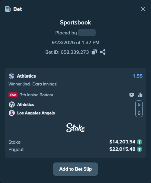 Bet slip: Athletics - Los Angeles Angels, $14,203.54 stake at 1.55 odds, placed by Jokubeans