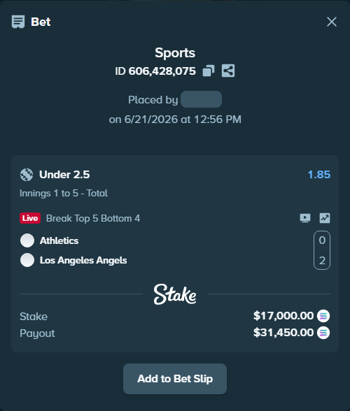 Bet slip: Athletics - Los Angeles Angels, $16,826.01 stake at 1.85 odds, placed by abiltiuszn