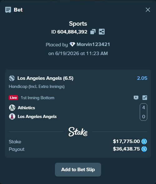 Bet slip: Athletics - Los Angeles Angels, $17,775.00 stake at 2.05 odds, placed by Marvin123421