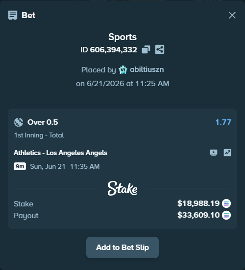 Bet slip: Athletics - Los Angeles Angels, $18,904.25 stake at 1.77 odds, placed by abiltiuszn