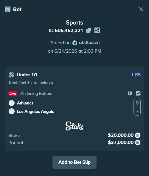 Bet slip: Athletics - Los Angeles Angels, $19,766.24 stake at 1.85 odds, placed by abiltiuszn