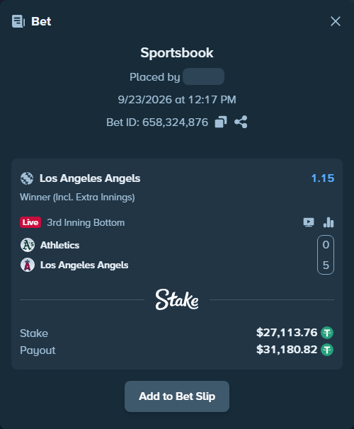Bet slip: Athletics - Los Angeles Angels, $27,113.76 stake at 1.15 odds, placed by nandonzr
