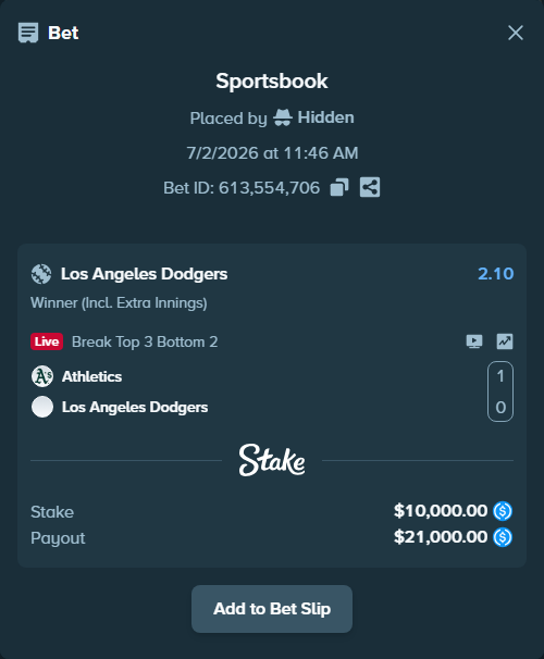Bet slip: Athletics - Los Angeles Dodgers, $10,000.00 stake at 2.10 odds, placed by Hidden