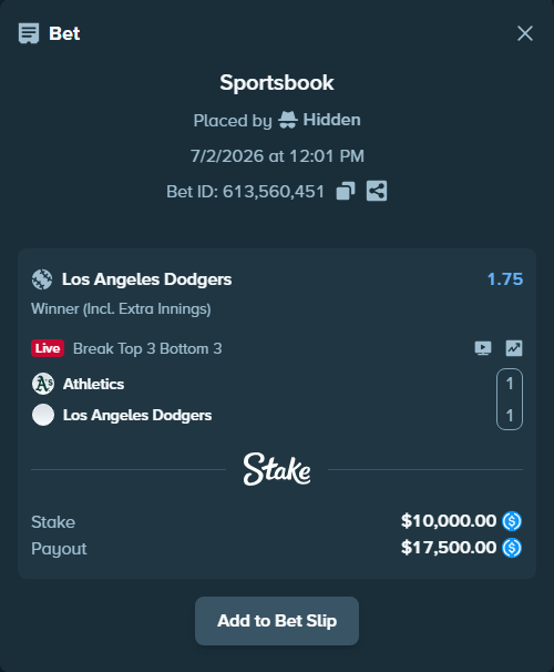 Bet slip: Athletics - Los Angeles Dodgers, $10,000.00 stake at 1.75 odds, placed by Hidden