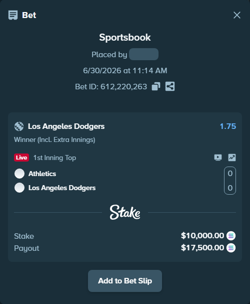 Bet slip: Athletics - Los Angeles Dodgers, $11,073.82 stake at 1.75 odds, placed by abiltiuszn