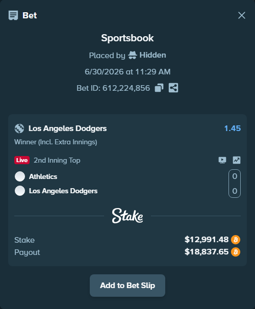 Bet slip: Athletics - Los Angeles Dodgers, $13,670.19 stake at 1.45 odds, placed by Hidden