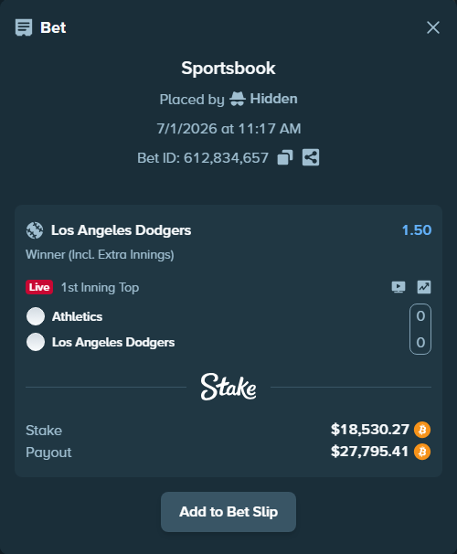 Bet slip: Athletics - Los Angeles Dodgers, $19,834.87 stake at 1.50 odds, placed by Hidden